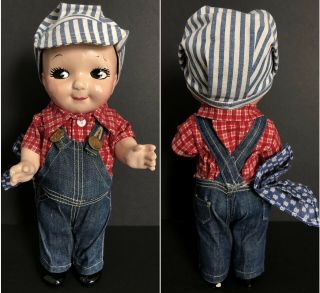 Vintage Unmarked Composition Buddy Lee Doll Jeans Overalls Repainted