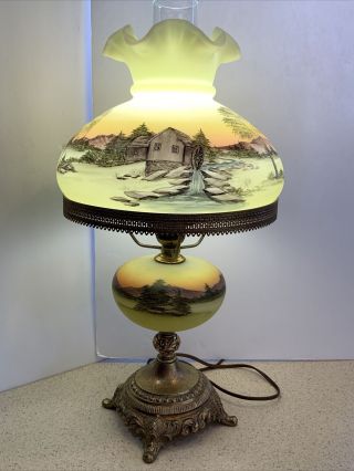 Vintage Scenic Hand Painted Fenton Custard Glass Large Table Lamp