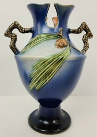Vintage Roseville Pottery Pine Cone Blue Vase 848 - 10 Shallow Rim Chip