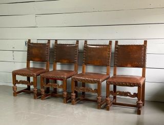 Four Vintage Spanish Revival Leather Oaks Brass Nail Head Dining Chairs