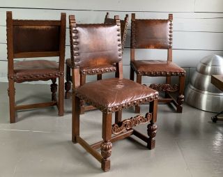 Four Vintage Spanish Revival Leather Oaks Brass Nail Head Dining Chairs 2