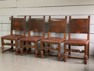 Four Vintage Spanish Revival Leather Oaks Brass Nail Head Dining Chairs 4
