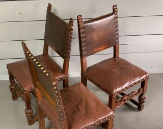 Four Vintage Spanish Revival Leather Oaks Brass Nail Head Dining Chairs 5