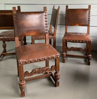 Four Vintage Spanish Revival Leather Oaks Brass Nail Head Dining Chairs 6