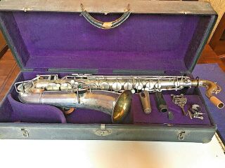 Vintage Antique 1920s " Bruno Nyc " Silver Low Pitch C - Melody Saxophone & Case