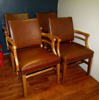 Set of 4 Vintage wood & vinyl bankers chairs w/nail head adornments 2