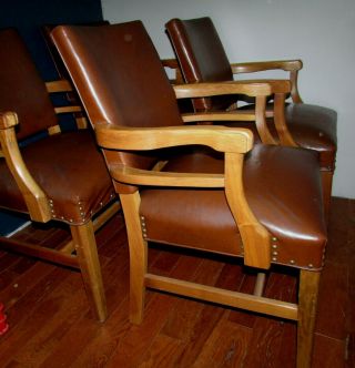 Set of 4 Vintage wood & vinyl bankers chairs w/nail head adornments 3