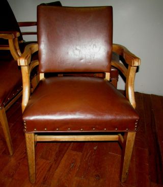 Set of 4 Vintage wood & vinyl bankers chairs w/nail head adornments 5