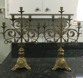 Vintage Or Antique Pair Brass Church Altar Candelabra Five Candle (catholic?)