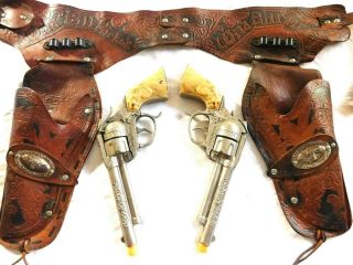 Rare Vintage Leslie - Henry Wild Bill Hickok Holster Set & Cap Guns; Butterscotch