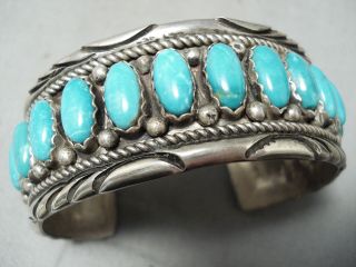 Signed Heavy Vintage Navajo Domed Tubule Turquoise Sterling Silver Bracelet