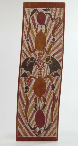 Rare Vintage Australian Aboriginal Wood Bark Hand Painting Turtles And Fish