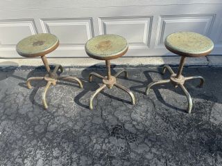 Vintage Industrial Stool (3) Desk Chair Drafting Swivel Bar Adjustable Green Set