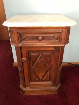 Antique Vintage Wood Victorian Gothic Marble Top Half Commode Nightstand