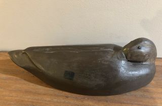 Vintage Solid Wood Carved Preening Black Duck Decoy Sleeper