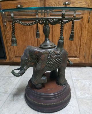 Rare Vintage Estate Bronze Elephant Carved Wood Swag Rope Pedestal Side Table