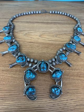 Squash Blossom Navajo Silver And Turquoise Necklace Vintage 20”