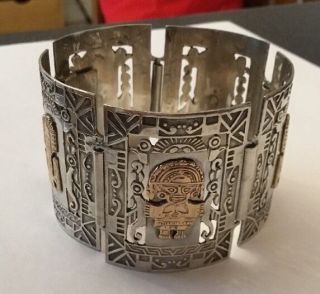 Vintage Sterling Silver 18k 18ct Peru Panel Aztec Bracelet Deities Gods Bracelet