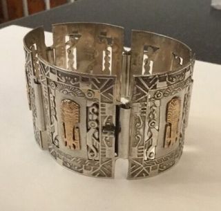 Vintage Sterling Silver 18k 18ct Peru Panel Aztec Bracelet Deities Gods Bracelet 3