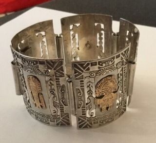 Vintage Sterling Silver 18k 18ct Peru Panel Aztec Bracelet Deities Gods Bracelet 5