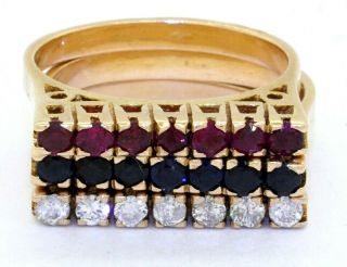 Vintage Heavy 14k Yg 1.  19ct Diamond Ruby Sapphire 3 - Piece Stackable Ring Set