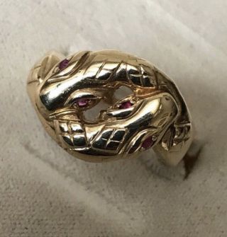 Vintage Heavy Solid 375 9ct Gold/ruby Twin Entwined Snake/serpent Statement Ring
