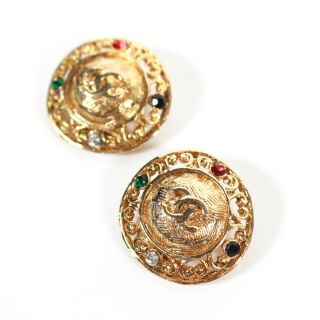 Chanel - Gripoix Glass Earrings Vintage Cc Medallion Clip On - Gold Stones Round