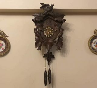 Vintage German Clock Wall Hand Carved Wooden Painted Engraved Cuckoo Old 40×30cm