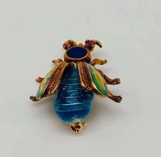 Gorgeous Vintage Solid 14k Yellow Gold and Enamel Bee Fly Insect Brooch 2