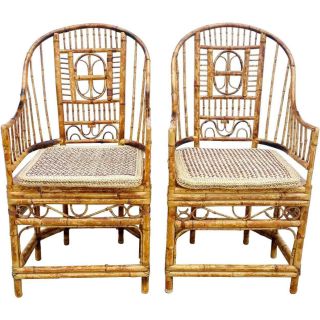 Pair Vintage Chinese Chippendale Style Bamboo Armchairs