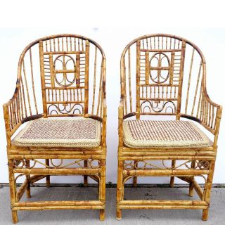 Pair Vintage Chinese Chippendale Style Bamboo Armchairs 2