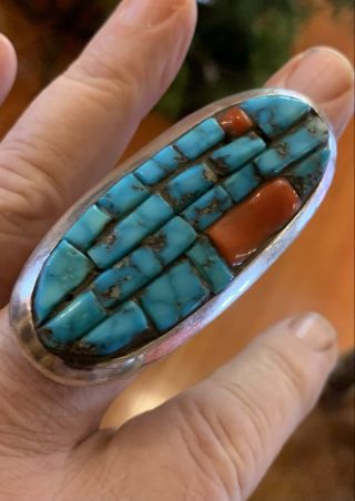 Signed Vintage Sterling Silver Native American Turqouis And Coral Inlayed Ring