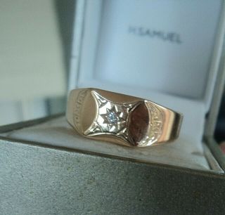 Vintage Gents 9ct Rose Gold & Diamond Patterned Ring H/m 1964 London - Size W