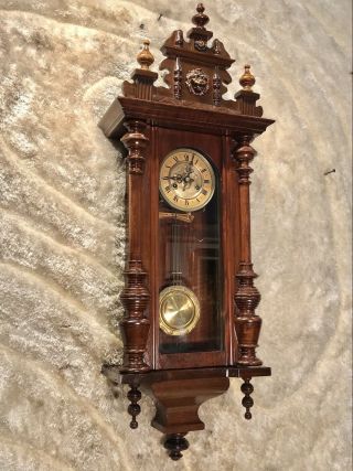 Vintage Antique Germany F.  M.  S.  Wall Striking Vienna Clock,  Walnut Case & Pendulum