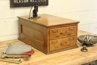 Vintage Antique Industrial Oak Brass Handle Index Card Box File Cabinet 2 Drawer 3