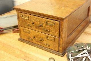 Vintage Antique Industrial Oak Brass Handle Index Card Box File Cabinet 2 Drawer 5