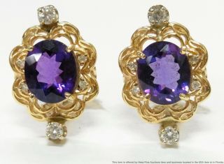 Gem Quality Amethyst Fine Diamond Earrings 14k Gold Stunning Vintage Omega Backs