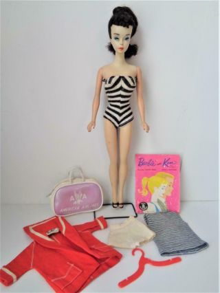 Vtg 1959 Brunette Ponytail Barbie Doll 3 With Swimsuit Stand Shoes Resort Set