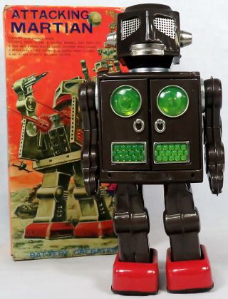 Vintage Attacking Martian Battery Operated Tin Robot Toy Sh Horikawa Japan W/box