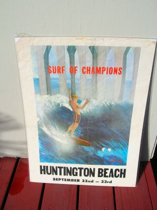 Vintage Huntington Beach Surfing Surfboard Longboard Championships Poster 1960s