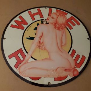 Vintage Porcelain White Rose Gasoline Motor Oil Push Plate Man Cave Garage Sign