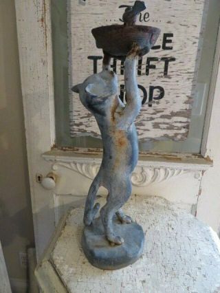 Fabulous Old Vintage Cast Iron Metal Statue Cat Standing Looking At Bird Feeder