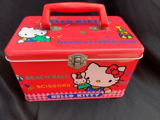 Vintage 1976 Tin Metal Lunch Snack Toy Box Embossed Hello Kitty And Goodies