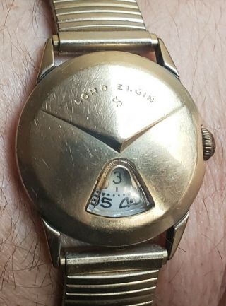 Vintage 21j Lord Elgin Direct Read Jump Hour Chevron Digital Wristwatch 14k Gf