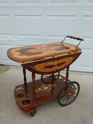 Vintage Italian Inlaid Marquetry Wood Drop Leaf Serving Bar Tea Cart