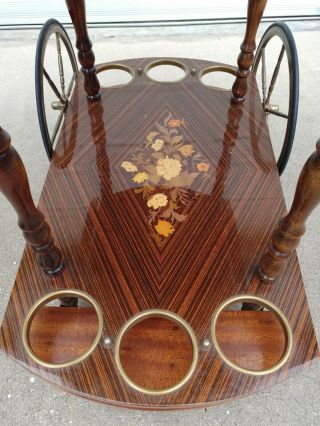 Vintage Italian Inlaid Marquetry Wood Drop Leaf Serving Bar Tea Cart 5