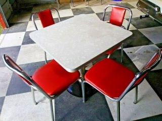 Retro Art Deco Coke Soda Diner Vintage Pedestal Table & 4 Red Chrome Chairs