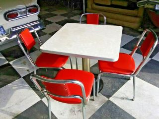 Retro Art Deco Coke Soda Diner Vintage Pedestal Table & 4 Red Chrome Chairs 3
