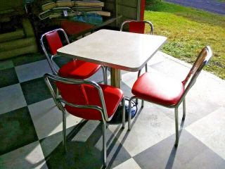 Retro Art Deco Coke Soda Diner Vintage Pedestal Table & 4 Red Chrome Chairs 4