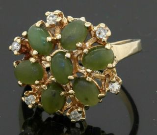 Vintage Heavy 14k Gold.  24ctw Diamond/6 X 4mm Green Jade Cluster Cocktail Ring